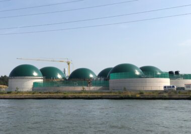 Biogas digester designed by Trevi and BiogasTec converting biomass into renewable methane and digestate for further treatment.